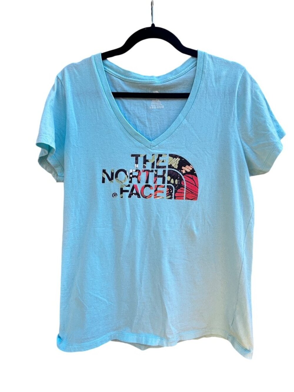 The North Face Womens Light Blue V-Neck Organic Cotton Graphic T-Shirt XL 1949